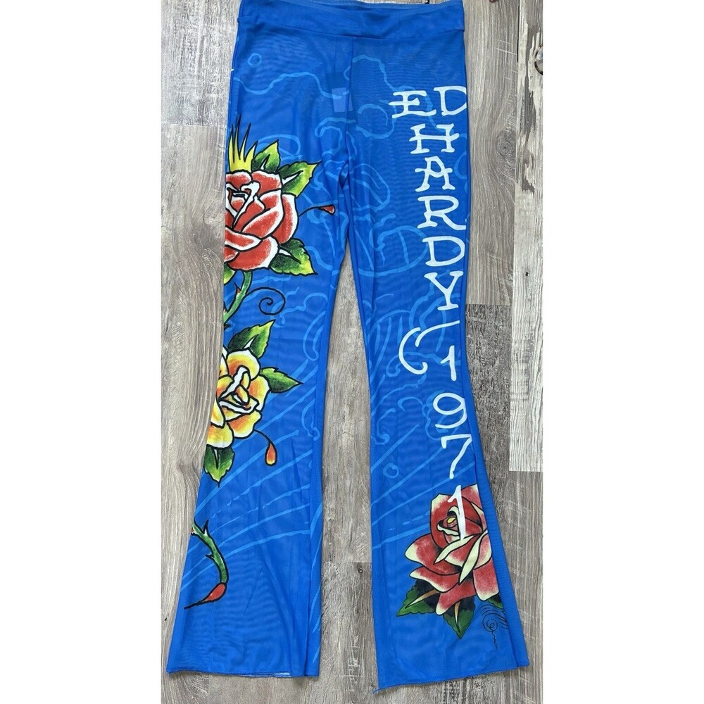 Ed Hardy Women’s Size L Blue Mesh Flare Pants Swim Cover Up Rose Y2K New
